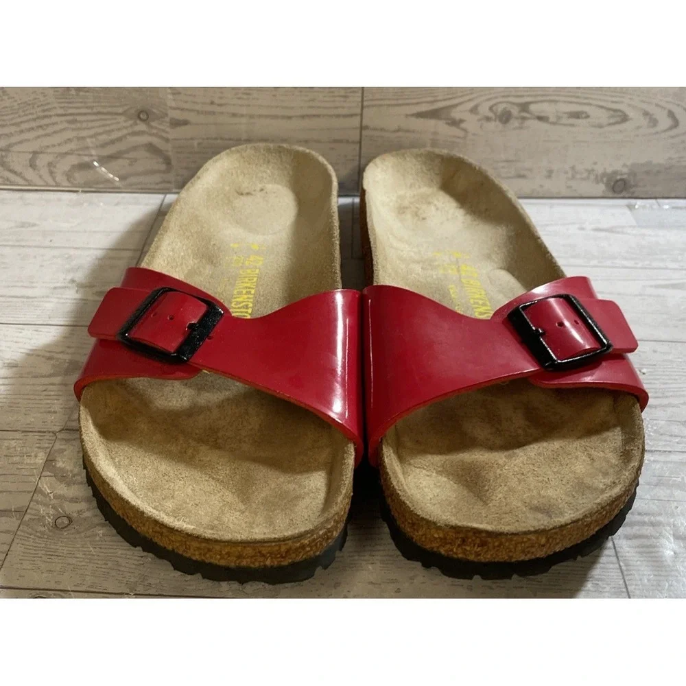 Birkenstock Madrid Red Leather Slides Black Buckle Women's Size 42 - Picture 2 of 8
